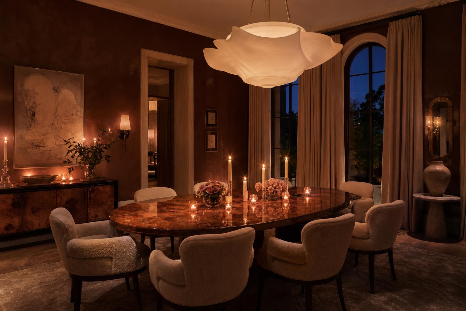 Editorial interior — formal dining room at dusk in cocoa lacquer and brass